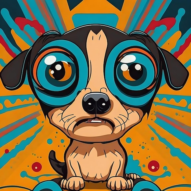 A cartoon dog with big eyes sits on a abstract background