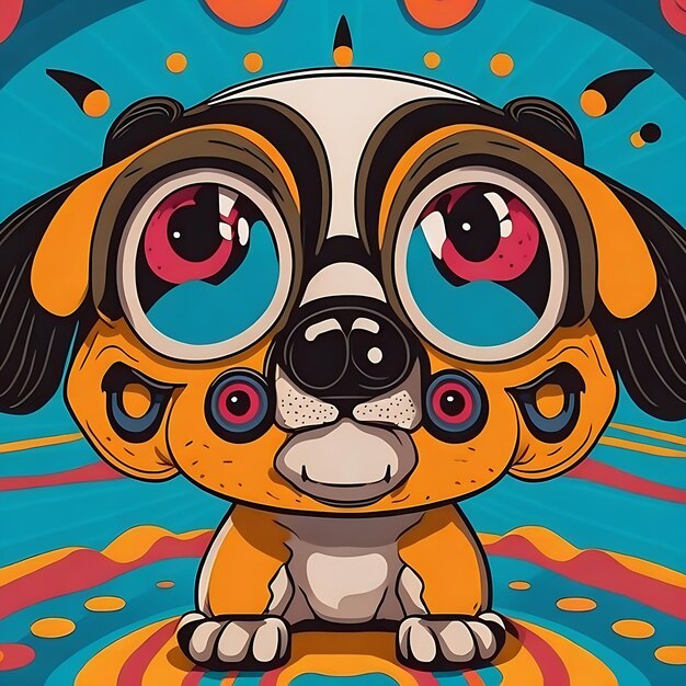 A cartoon dog with big eyes sits on a abstract background