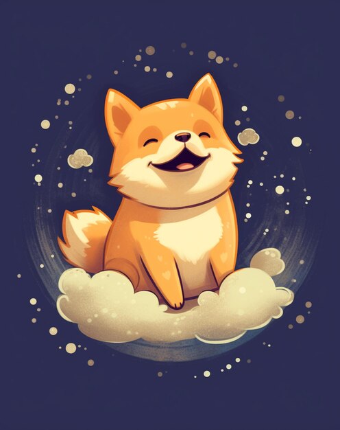 A cartoon dog with a big smile sits on a cloud.