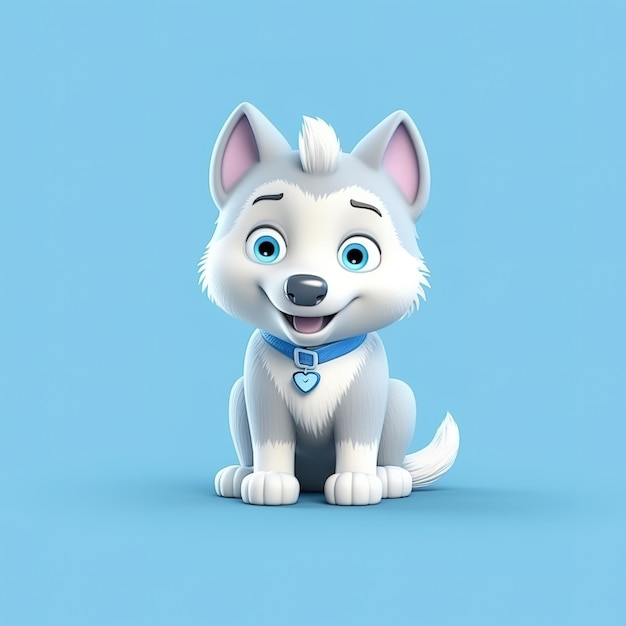 A cartoon dog with a blue collar and a blue heart on its collar