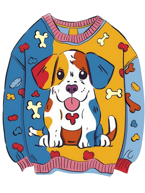 Photo a cartoon dog with a blue and yellow sweater that says quot the dog is sitting in front of a colorfu