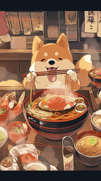 a cartoon dog with a bowl of food that says'the dog'on it's face.