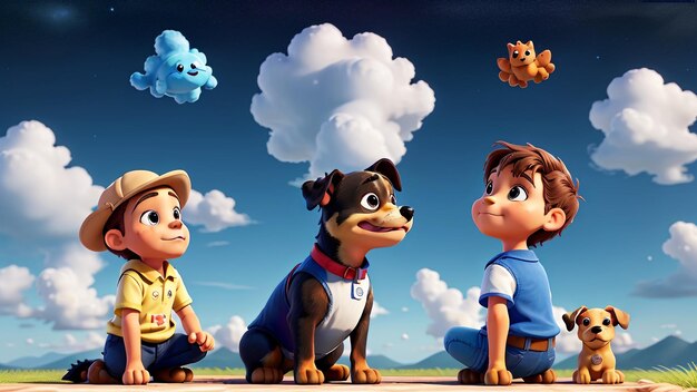 a cartoon dog with a dog and a dog in the background.