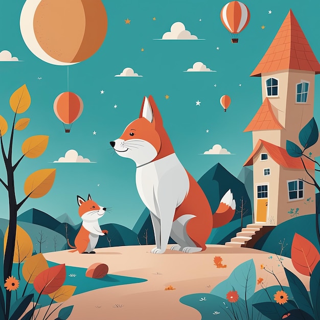 cartoon dog with fox in a park autumn backgroundcartoon dog with fox in a park autumn background