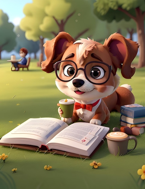 Photo a cartoon dog with glasses and a book in his hand