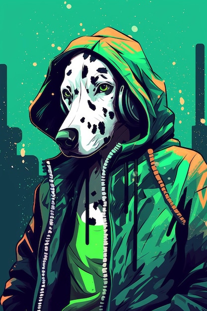 A cartoon dog with a green hoodie and a green hoodie stands in a city at night