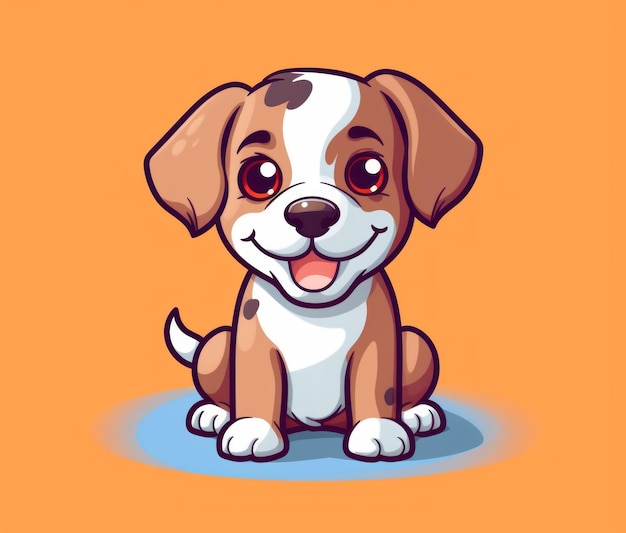 A cartoon dog with a happy face sits on an orange background