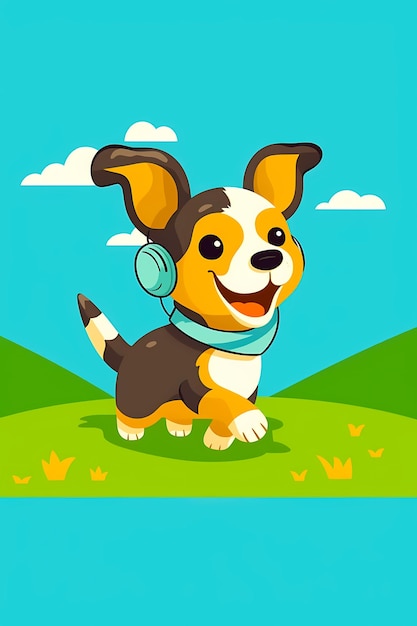 Cartoon dog with headphones running in the grass with blue sky in the background Generative AI