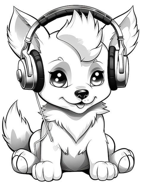 A cartoon dog with headphones sitting on the ground generative ai image coloring book for kids