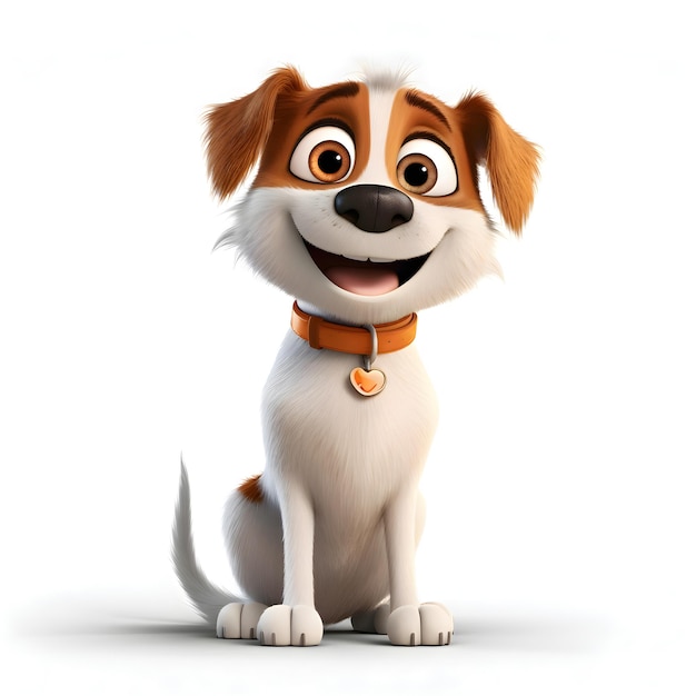 白い背景の 3 D イラストレーションの上に座ってオレンジ色の首輪を持つ漫画犬