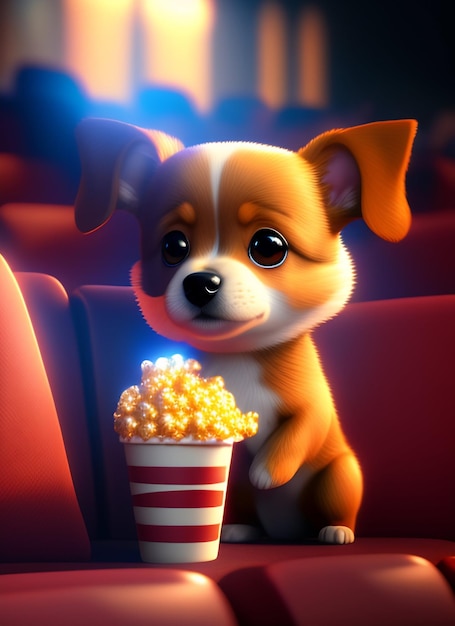 A cartoon dog with popcorn in front of a blue background.