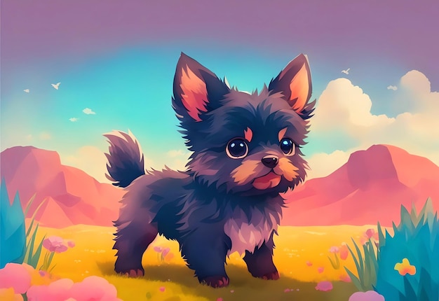 A cartoon dog with a purple background and a purple sky.