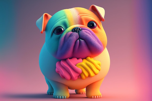 A cartoon dog with a rainbow colored face and a pink nose.