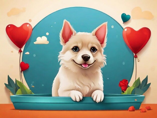 a cartoon dog with red balloons and a blue background with a heart shaped box