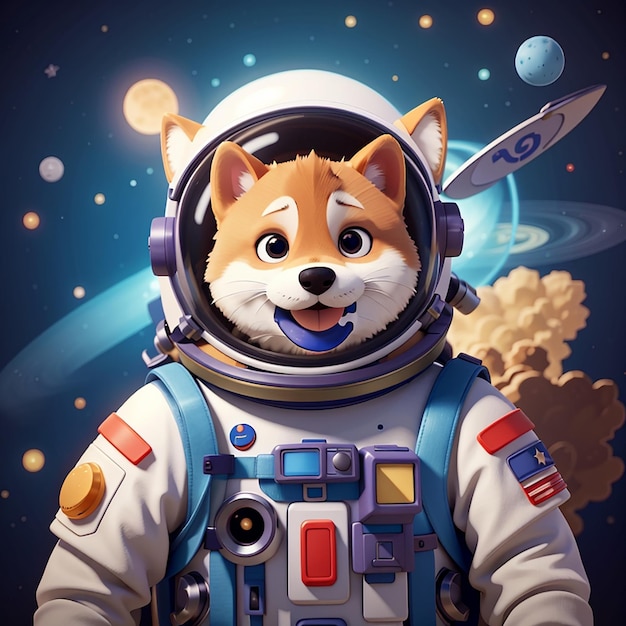 Foto un cane di cartone animato con una tuta spaziale e un cartello che dice volpe