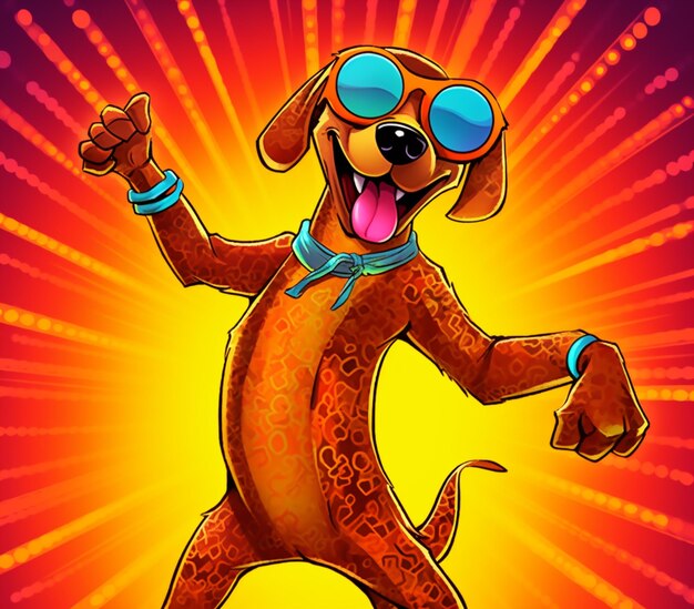 Cartoon dog with sunglasses and a tie dancing on a colorful background generative ai
