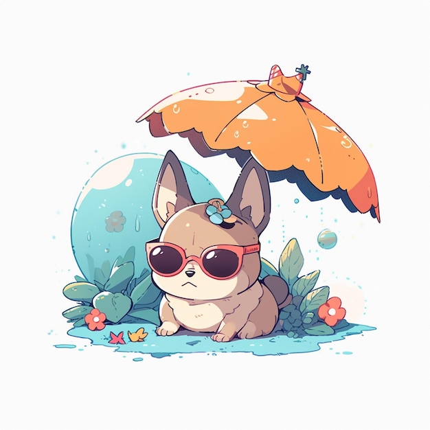 Cartoon dog with sunglasses and umbrella sitting in the grass generative ai