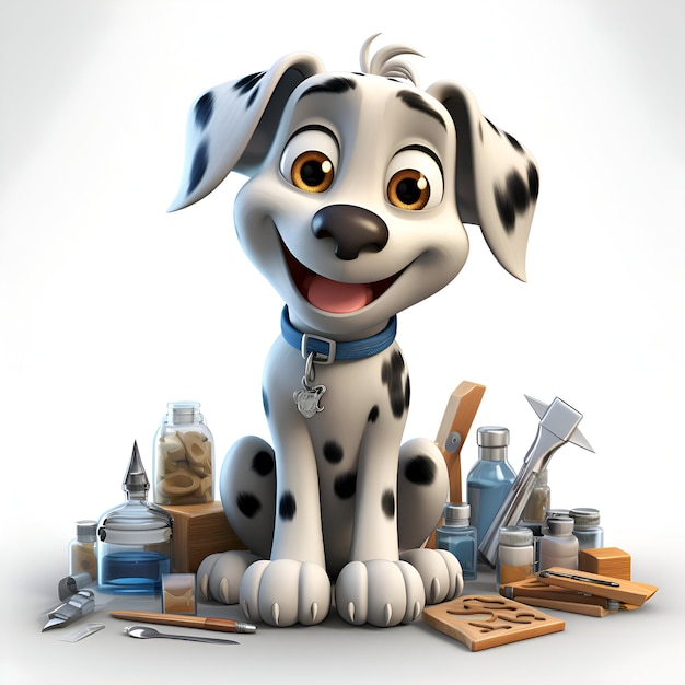 Foto cane dei cartoni animati con strumenti e medicine su uno sfondo bianco rendering 3d