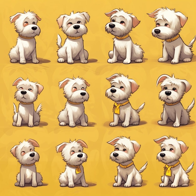 A cartoon dog with a yellow ribbon around its neck and the words dog on the bottom right