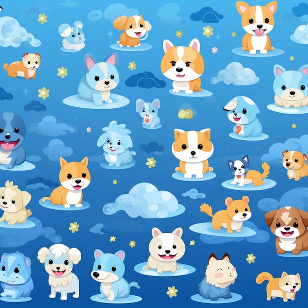 Cartoon dogs and cats in the sky with clouds and stars generative ai