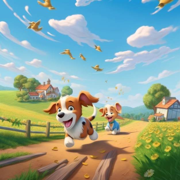 Cartoon dogs running on a dirt road in a rural area generative ai