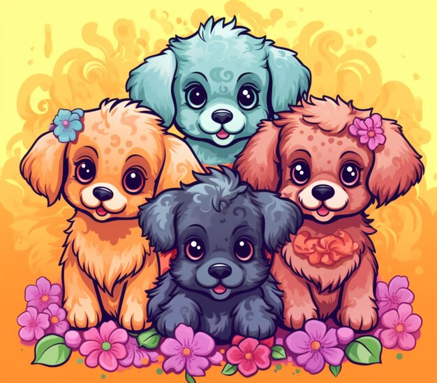 Cartoon dogs with flowers and leaves on a yellow background generative ai
