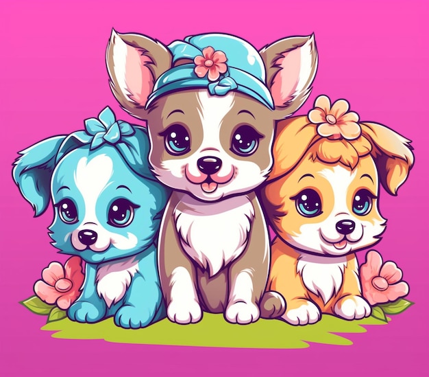 Cartoon dogs with hats and bows sitting on a green grass generative ai