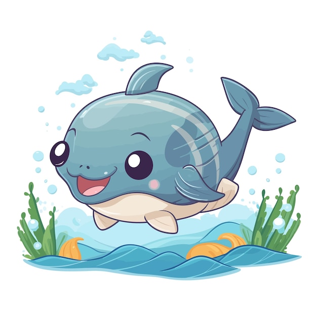 A cartoon of a dolphin with a fish in the water.