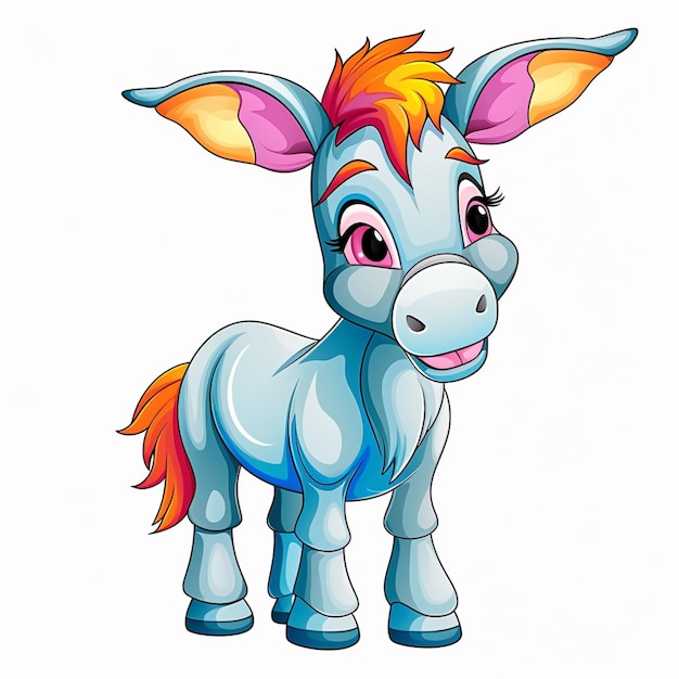 Cartoon donkey with colorful mane and pink ears generative ai