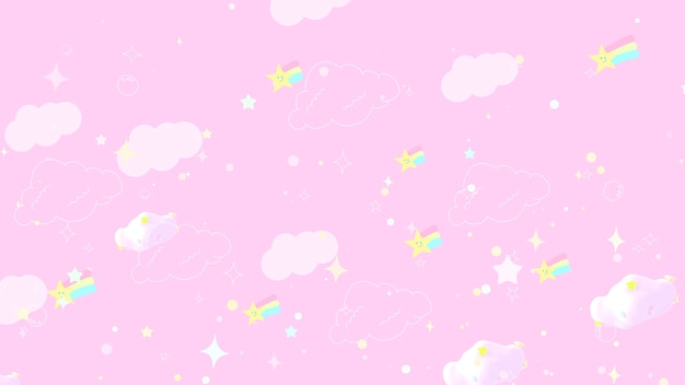 Cartoon doodle rainbow stars and clouds in the pink sky 3d rendered picture