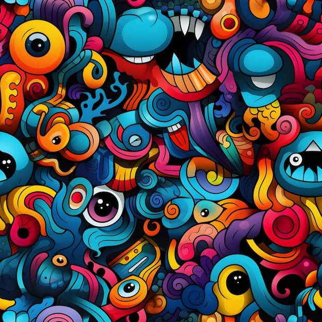 Cartoon doodles hand drawn monsters seamless pattern Ai Generated