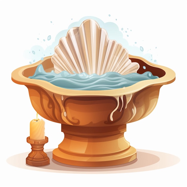 Cartoon doopvont en schelp met symbolische betekenis in de christelijke doop