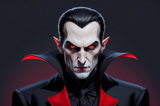 Cartoon Dracula met rode ogen en een zwart pak generatief ai