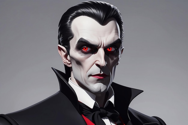Cartoon dracula with red eyes and a black suit generative ai