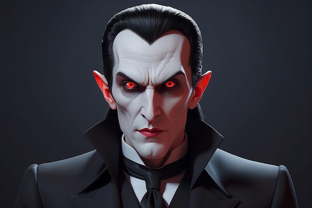 Cartoon dracula with red eyes and a black suit generative ai