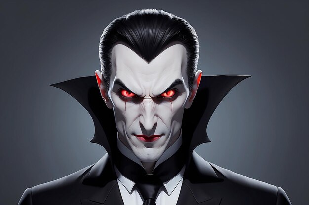 Cartoon dracula with red eyes and a black suit generative ai