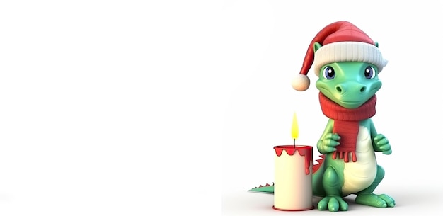 Cartoon dragon in a Christmas hat and candles 3D illustration Copy space Generative AI