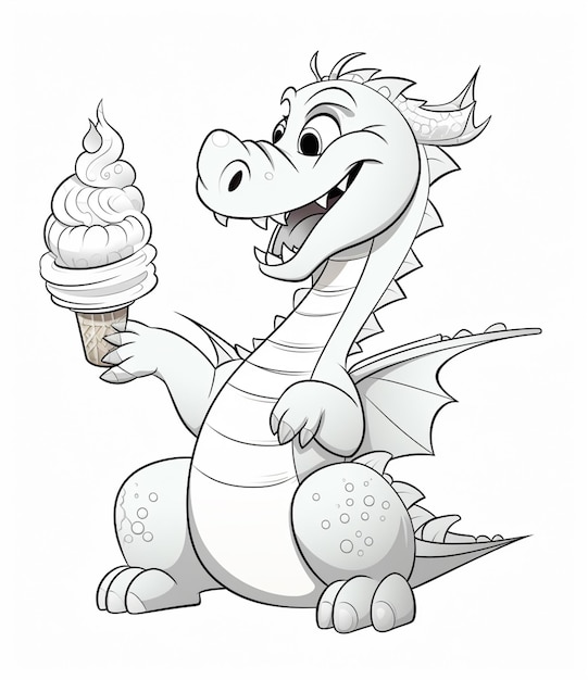 Cartoon dragon eating ice cream cone with a smile on his face. generative ai
