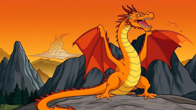 Photo cartoon dragon on a rock with mountains in the background generative ai