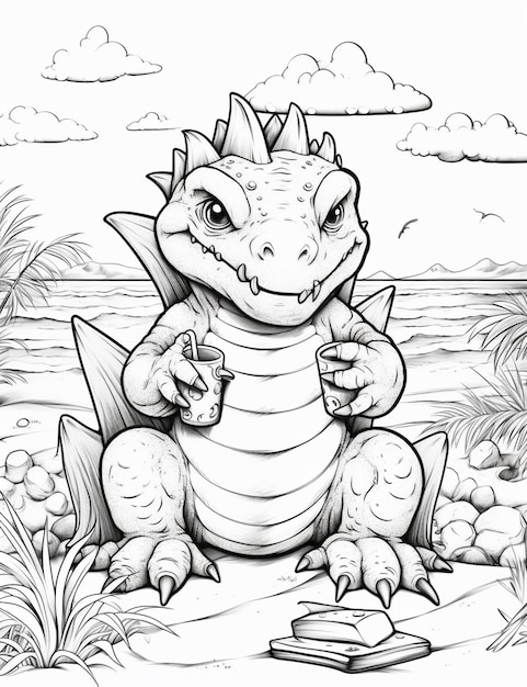 мультфильмный дракон, сидящий на пляже с мобильным телефоном
