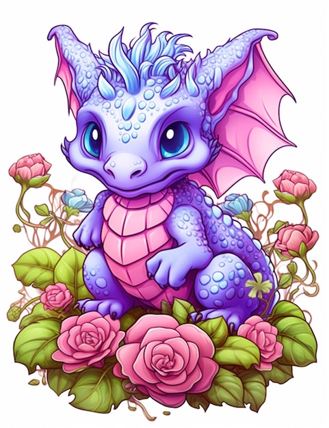 a cartoon dragon sitting on a bed of flowers with roses generative ai