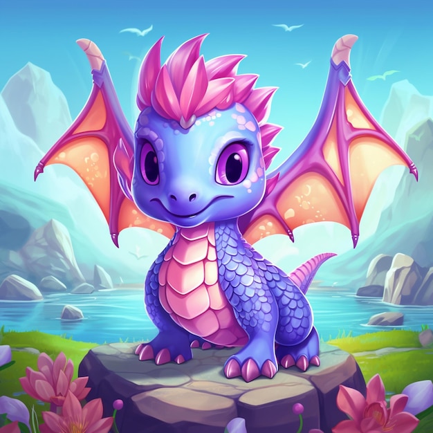 Cartoon dragon sitting on a rock in a field with flowers generative ai