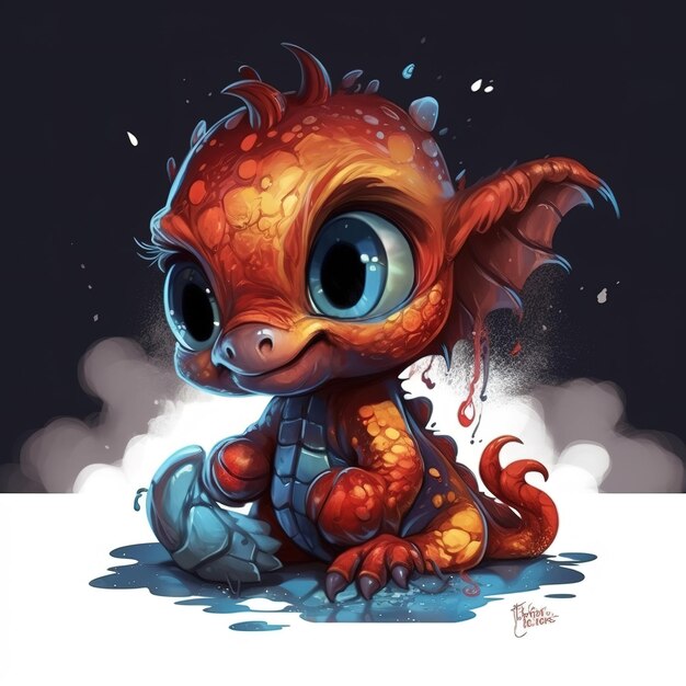 A cartoon of a dragon with a blue eye and a red tail sits in a puddle.