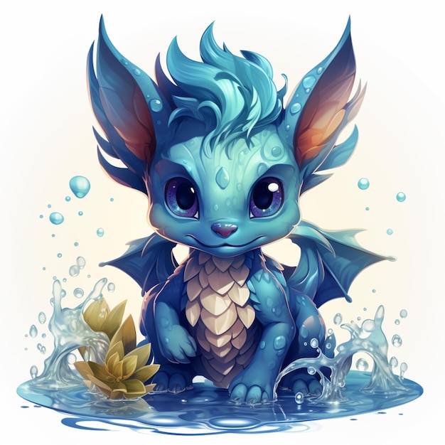 cartoon dragon with blue hair and wings sitting in water generative ai