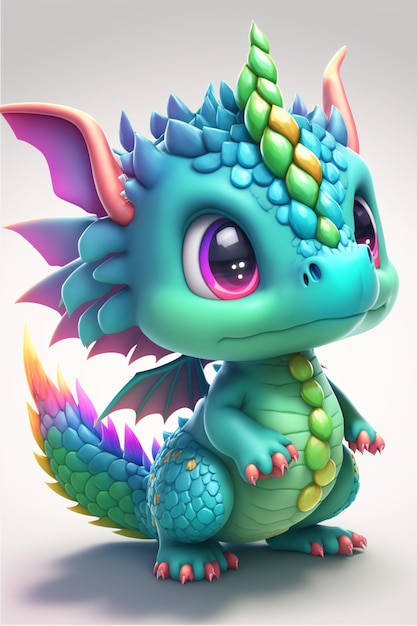 Photo cartoon dragon with colorful wings and a horn generative ai