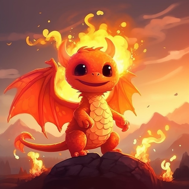 A cartoon dragon with flames on its head