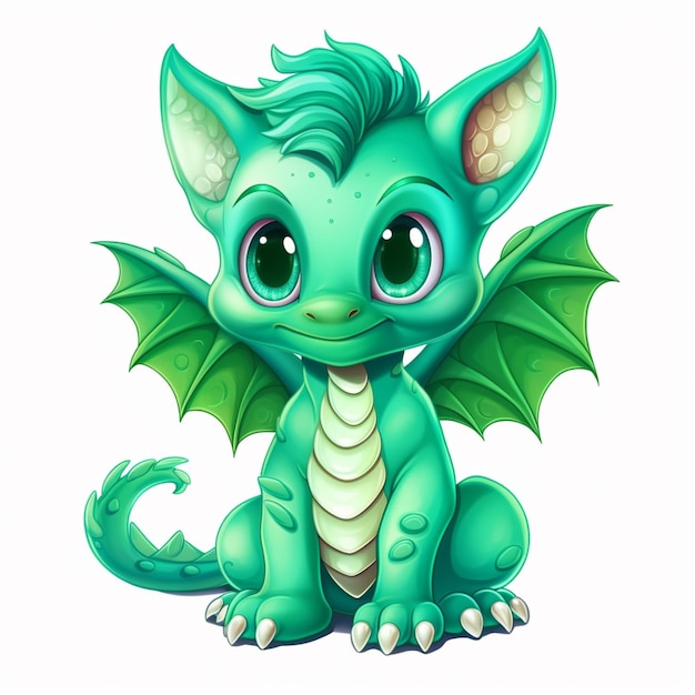 Мультяшный дракон с зелеными крыльями и зеленым хвостом сидит на белом фоне.