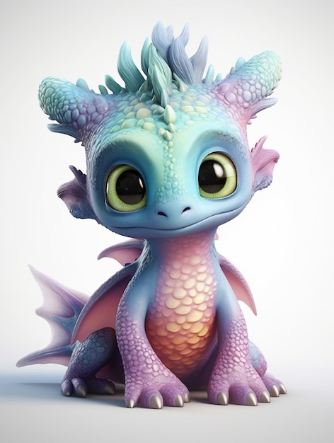 A cartoon dragon with pink and blue wings sits on a white background.