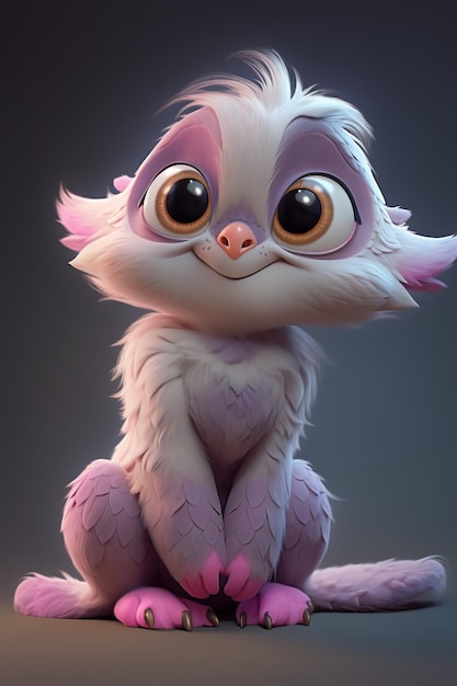 A cartoon dragon with pink eyes sits on a grey surface.