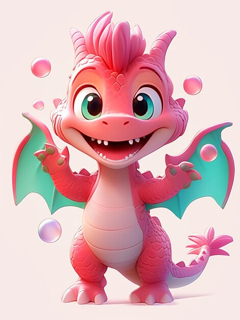 cartoon dragon with pink hair and green wings and bubbles generative ai